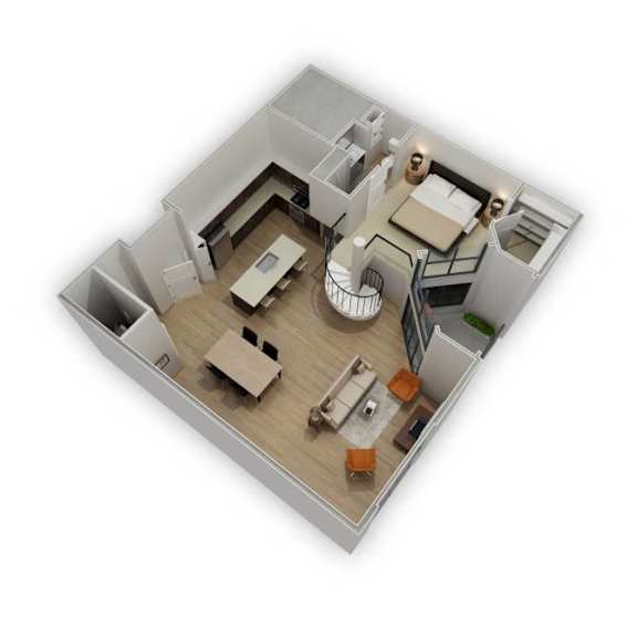 A 3D floor plan of a small apartment with a kitchen, living room, and bedroom.