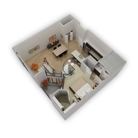 A 3D image of a house interior with a spiral staircase.