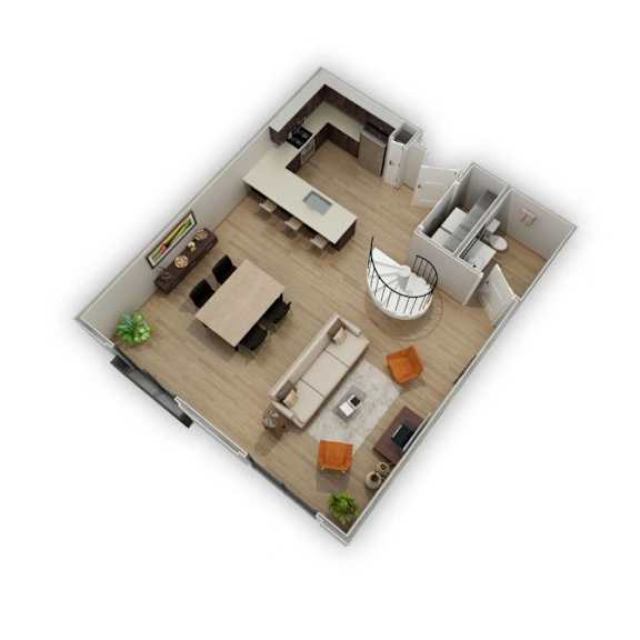 A top-down view of a modern living room with a sofa, coffee table, and a TV.