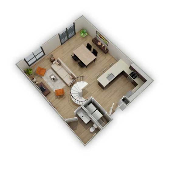 A top down view of a living room with a spiral staircase.