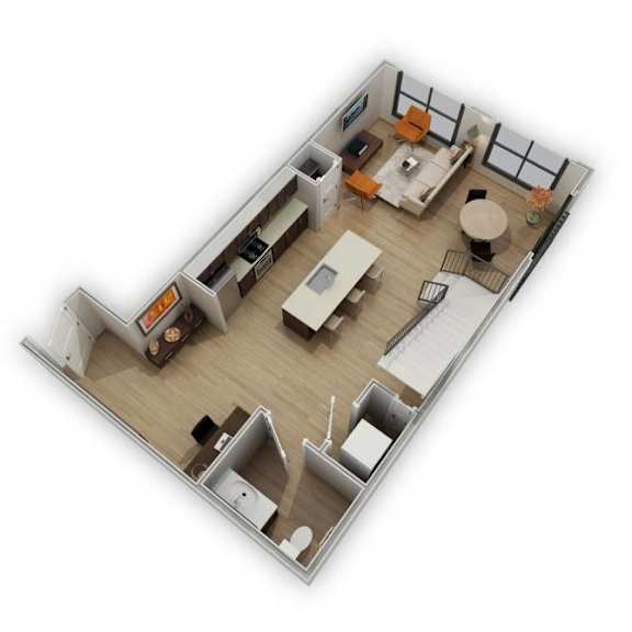 A 3D floor plan of a small apartment with a kitchen, living room, and bathroom.