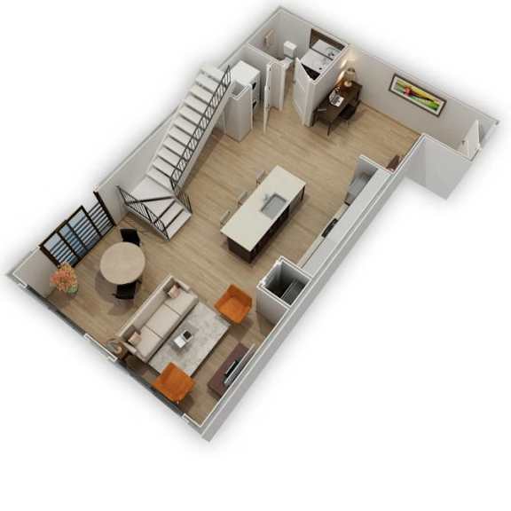 A top down view of a living room, kitchen, and staircase.