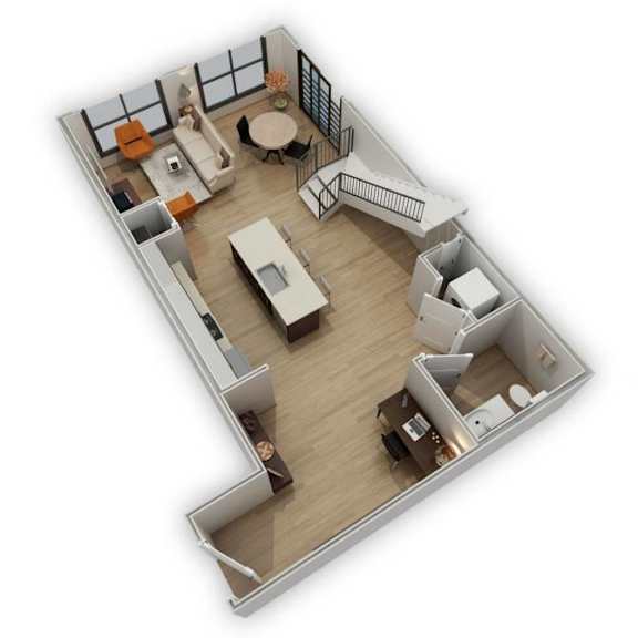 A 3D rendered image of a modern apartment layout.