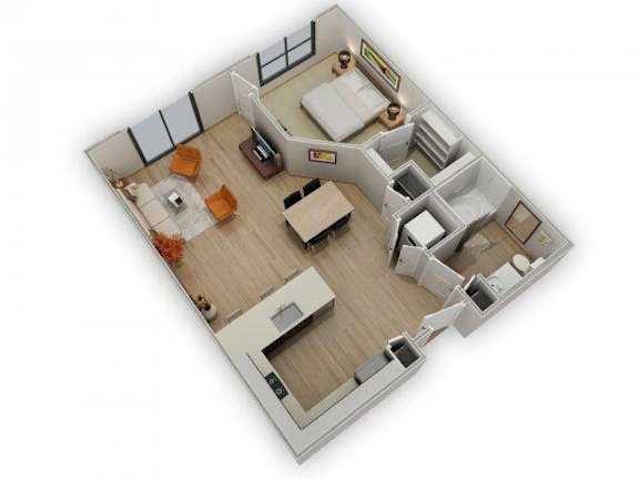 A 3D rendered image of a modern apartment layout.