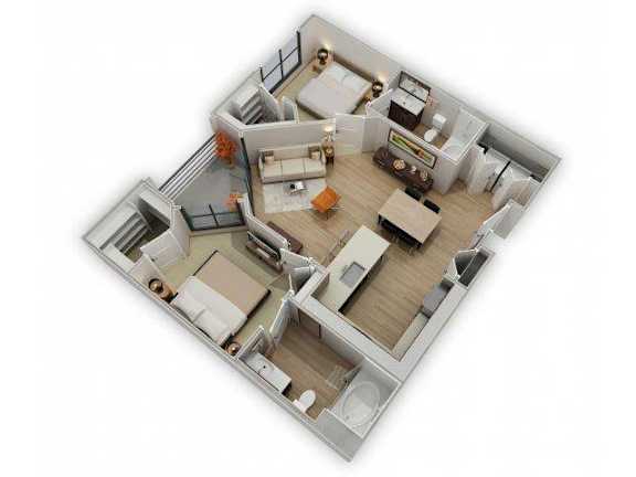 A 3D floor plan of a house with multiple rooms and furniture.