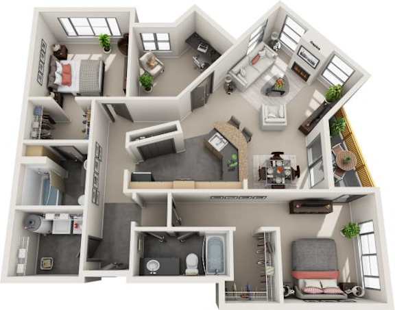 A detailed 3D floor plan of a house showing all rooms and furniture.