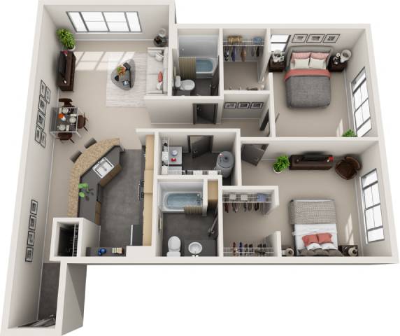 A 3D floor plan of a small apartment with a kitchen, living room, bedroom, and bathroom.