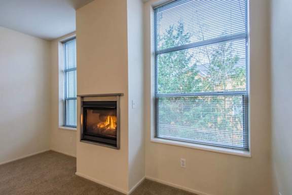A room with a fireplace and a window.