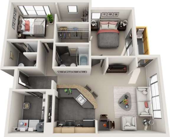A 3D floor plan of a small apartment with a kitchen, living room, and bedroom.