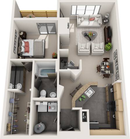 A 3D floor plan of a small apartment with a kitchen, living room, and bedroom.