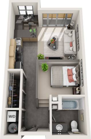A floor plan of a small apartment with a kitchen, living room, and bathroom.
