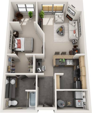 A 3D floor plan of a small apartment with a kitchen, living room, and bathroom.