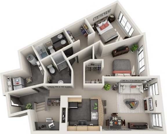 A 3D floor plan of a house with labeled rooms.