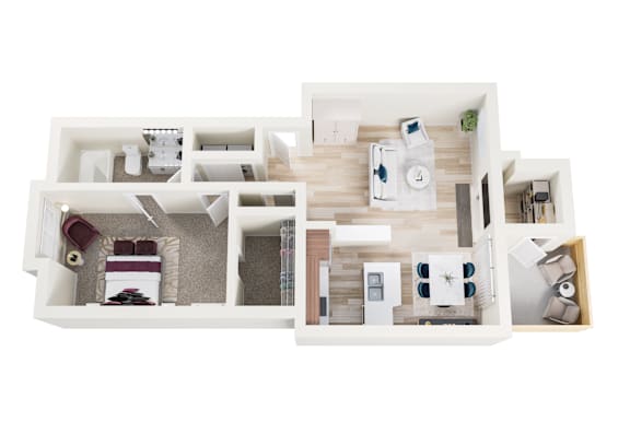 A top down view of a house layout with a living room, kitchen, and two bedrooms.