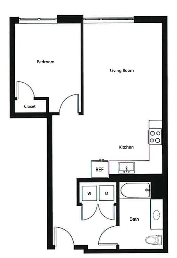 A floor plan of a small apartment with a bedroom, living room, kitchen, bathroom, and closet.