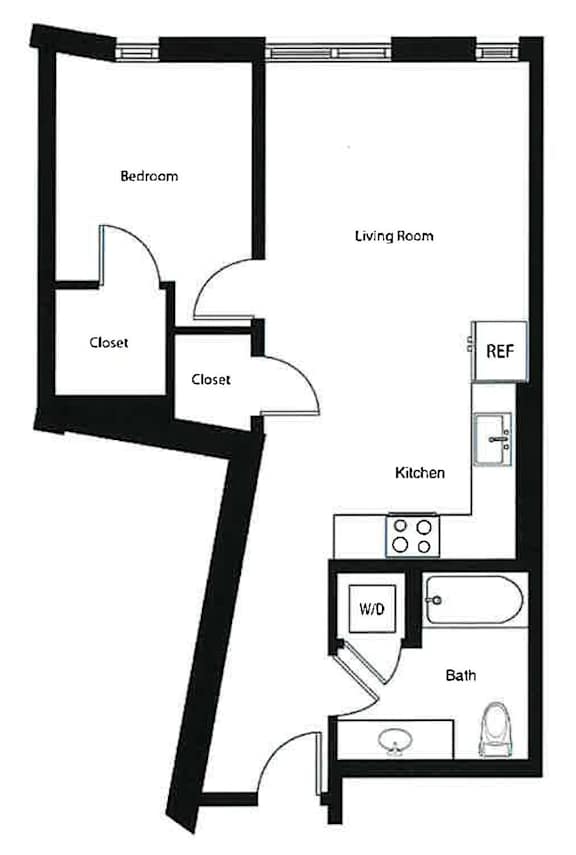 A black and white image of a house floor plan with a bedroom, living room, kitchen, bathroom, and closets.