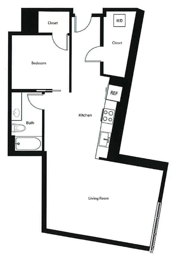A black and white drawing of a house layout with a living room, kitchen, bathroom, and bedrooms.