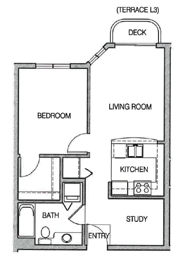 A floor plan of a small apartment with a deck.