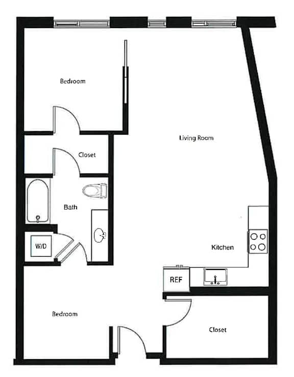 A black and white image of a floor plan for a small apartment.