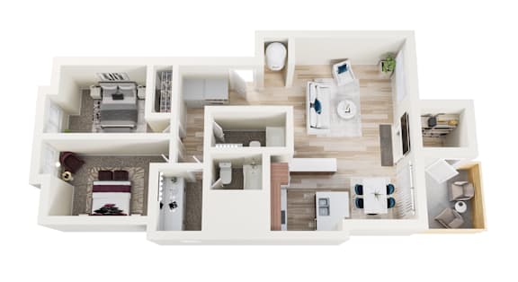 A top-down view of a house layout with multiple rooms and furniture.