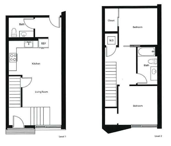 A black and white image of a two level floor plan of a house.
