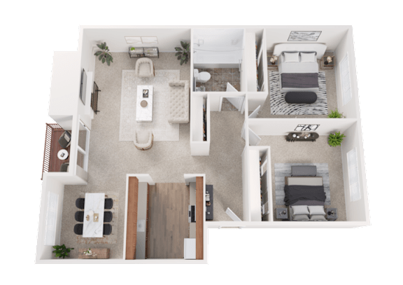 A top-down view of a small apartment layout with a kitchen, living room, and bedroom.
