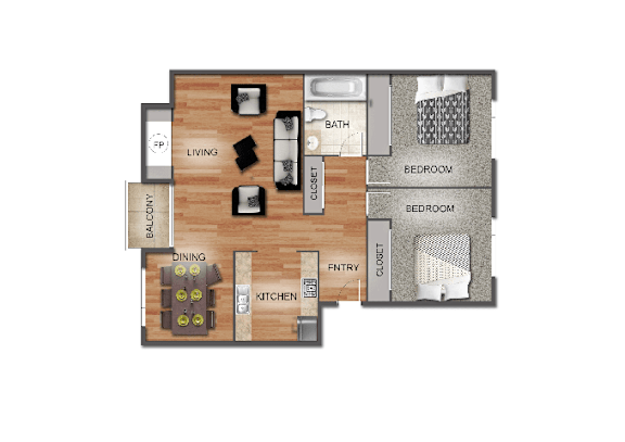 2 Bed 1 Bath Floor Plan at Brookstone, SeaTac, WA, 98198