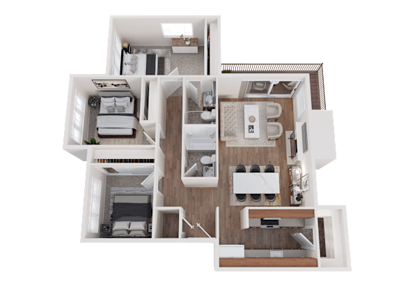 Floor Plan  A top-down view of a house layout with a kitchen, living room, and bedrooms.