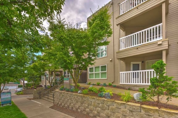 a building with trees and a sidewalk in front of it