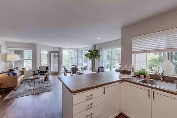 a kitchen with a counter top and a living room