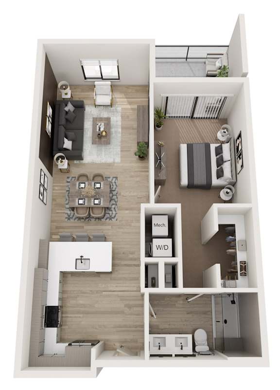 A top-down view of a small apartment with a living room, kitchen, and bathroom.