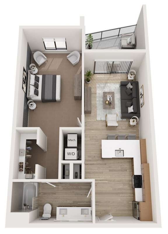 A top-down view of a small apartment with a kitchen, living room, and bathroom.
