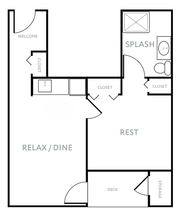 A floor plan of a room with a relax/dine area, a rest area, and a splash area.