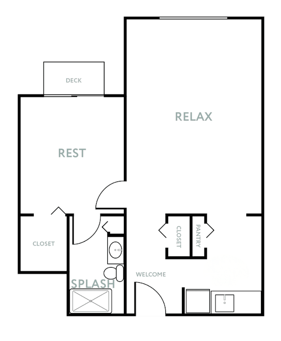 A floor plan of a house with a deck, rest area, closet, pantry, and a splash area.
