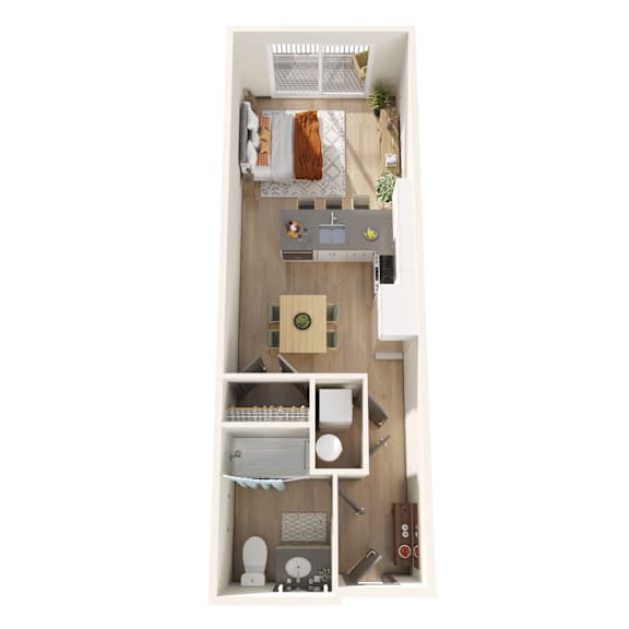 A dollhouse living room with a couch, coffee table, and television.