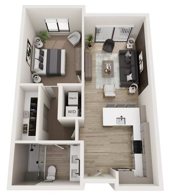 A top-down view of a modern apartment layout with a living room, kitchen, and bathroom.