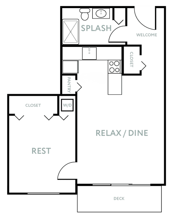 A floor plan of a house with a splash, pantry, and rest area.