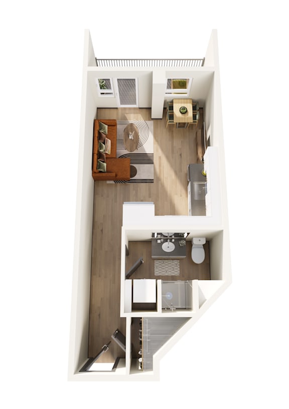 A top down view of a small apartment with a kitchen, living room and bathroom.