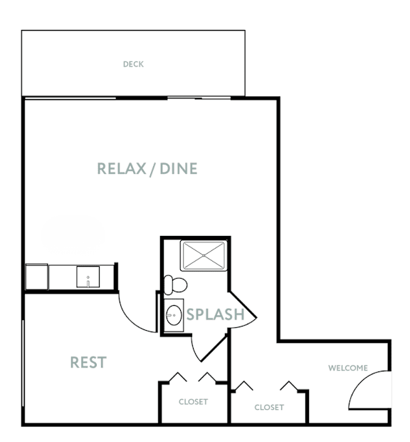 A floor plan of a house with a deck, relax/dine area, and a rest area.