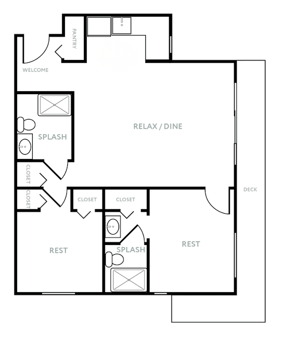 A floor plan of a house with a pantry, two splashes, two closets, two rests, a relax/dine area, and a deck.