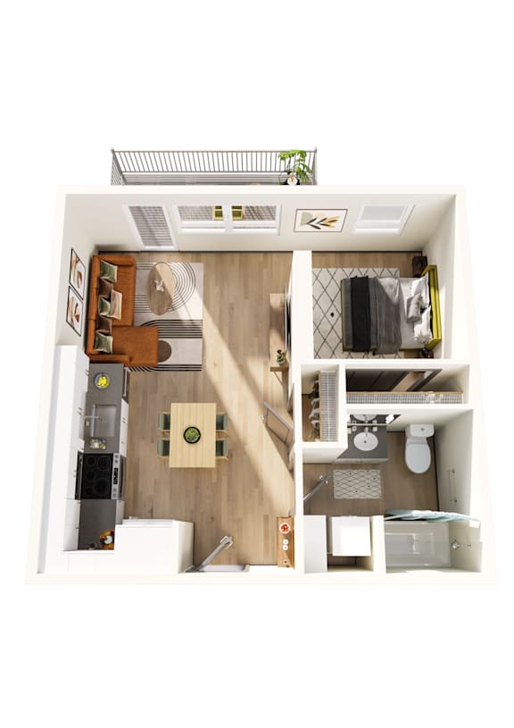 A top down view of a small apartment with a kitchen, living room and bathroom.
