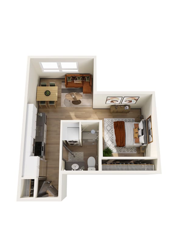 A top-down view of a small apartment with a kitchen, living room, and bathroom.