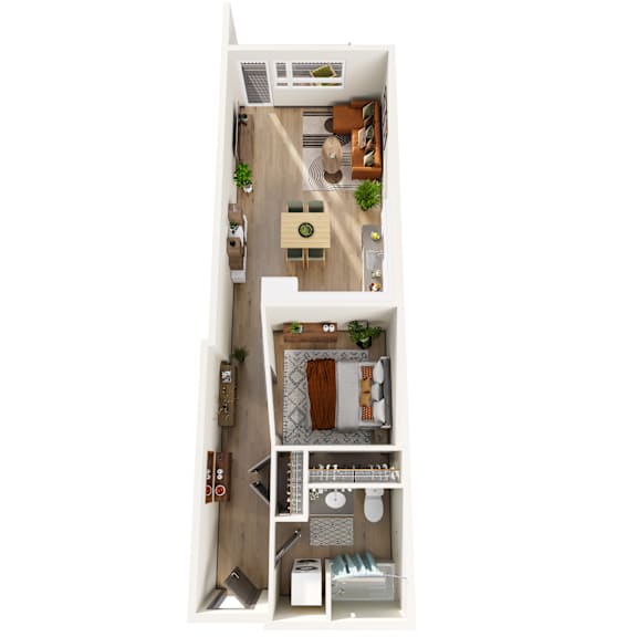 A top down view of a small apartment with a kitchen, living room, and bedroom.