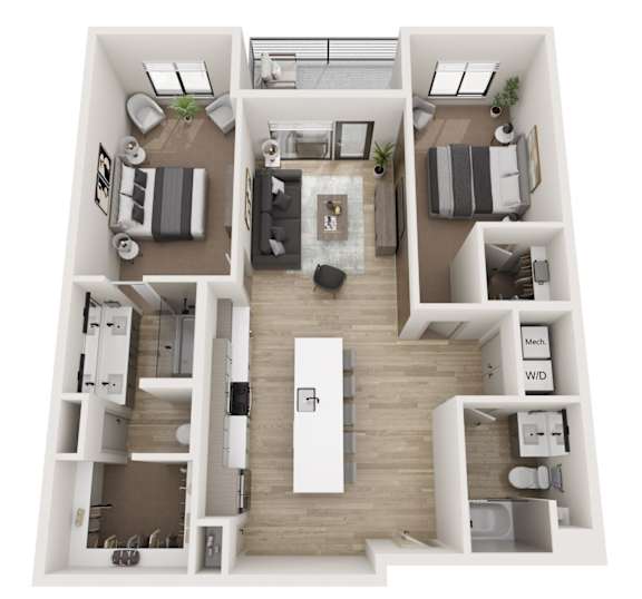 A top-down view of a modern apartment layout with a kitchen, living room, and bedrooms.