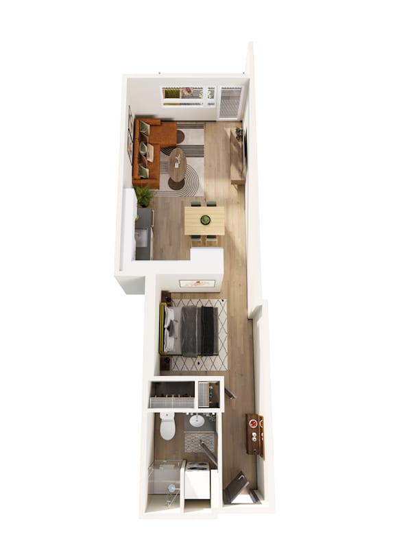 A top down view of a small apartment with a kitchen, living room and bathroom.