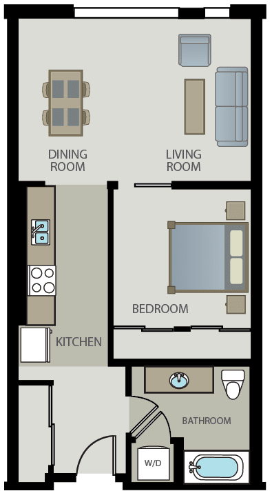 A floor plan of a small apartment with a kitchen, bathroom, bedroom, and two living spaces.