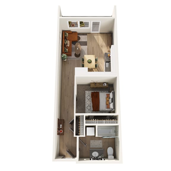 A top-down view of a small apartment with a kitchen, living room, and bathroom.