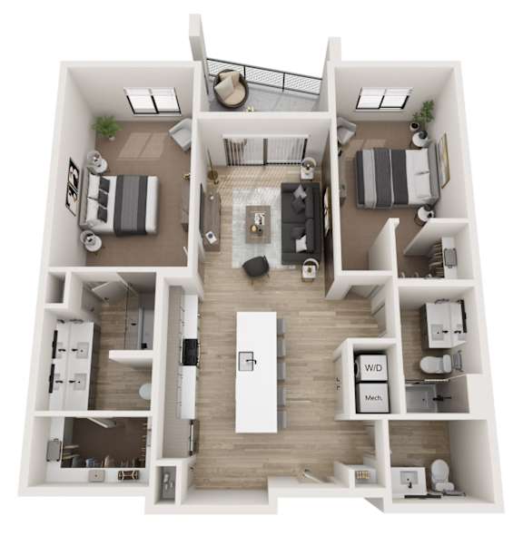 A 3D floor plan of a house with labeled rooms.