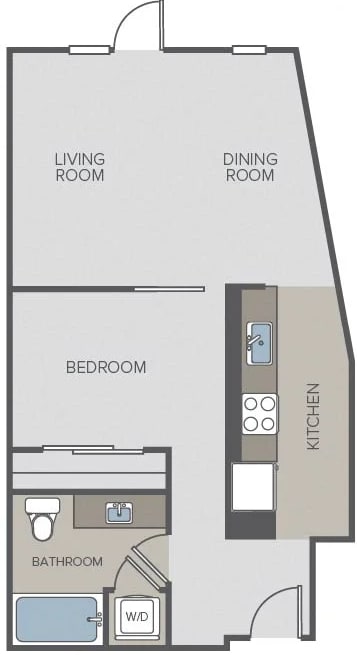 A floor plan of a small apartment with a living room, dining room, kitchen, bedroom, and bathroom.