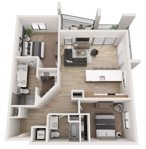 A 3D floor plan of a small apartment with a kitchen, living room, and bedroom.